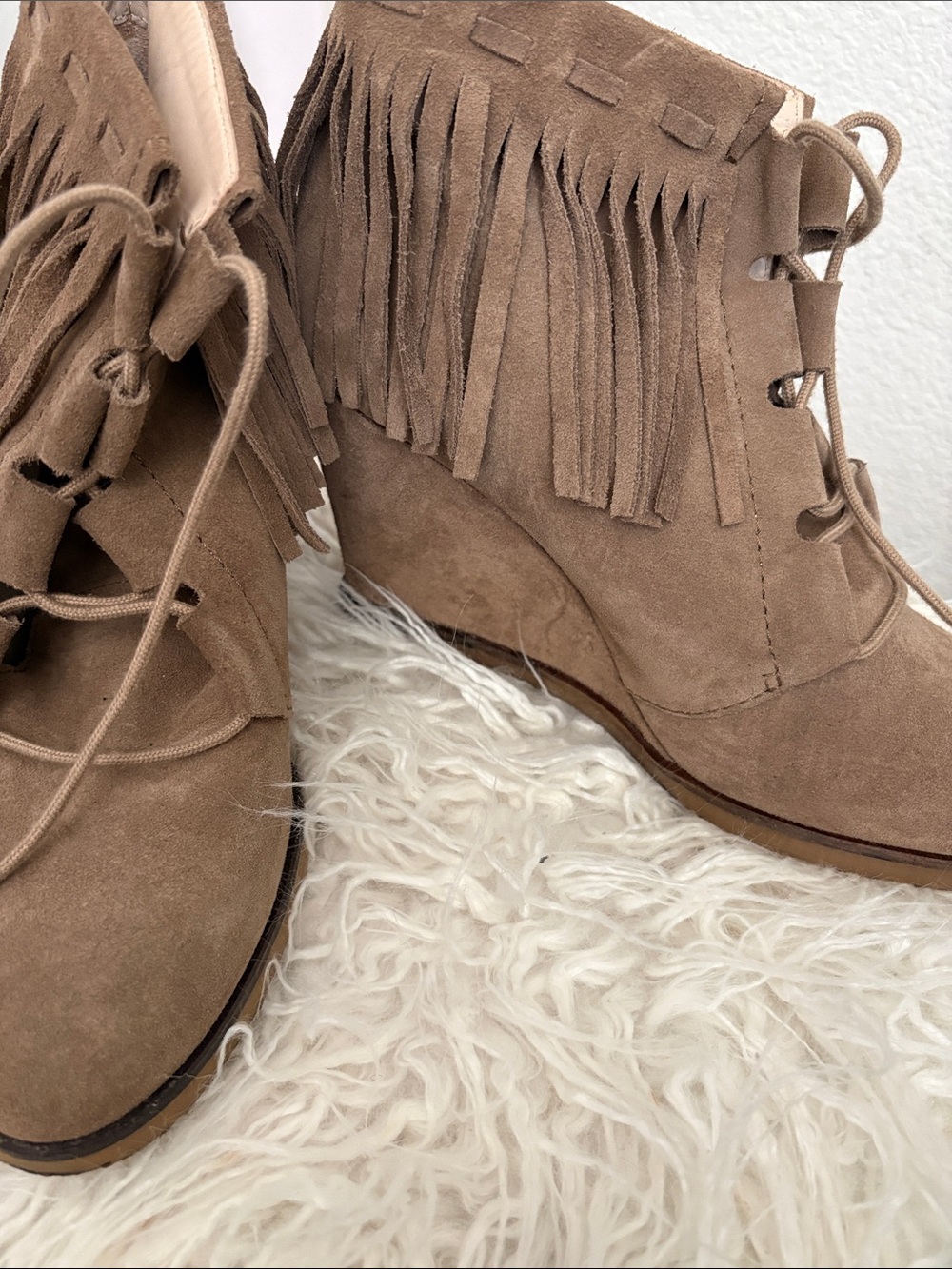 Zara Taupe Suede Fringe Lace-Up Wedge Booties